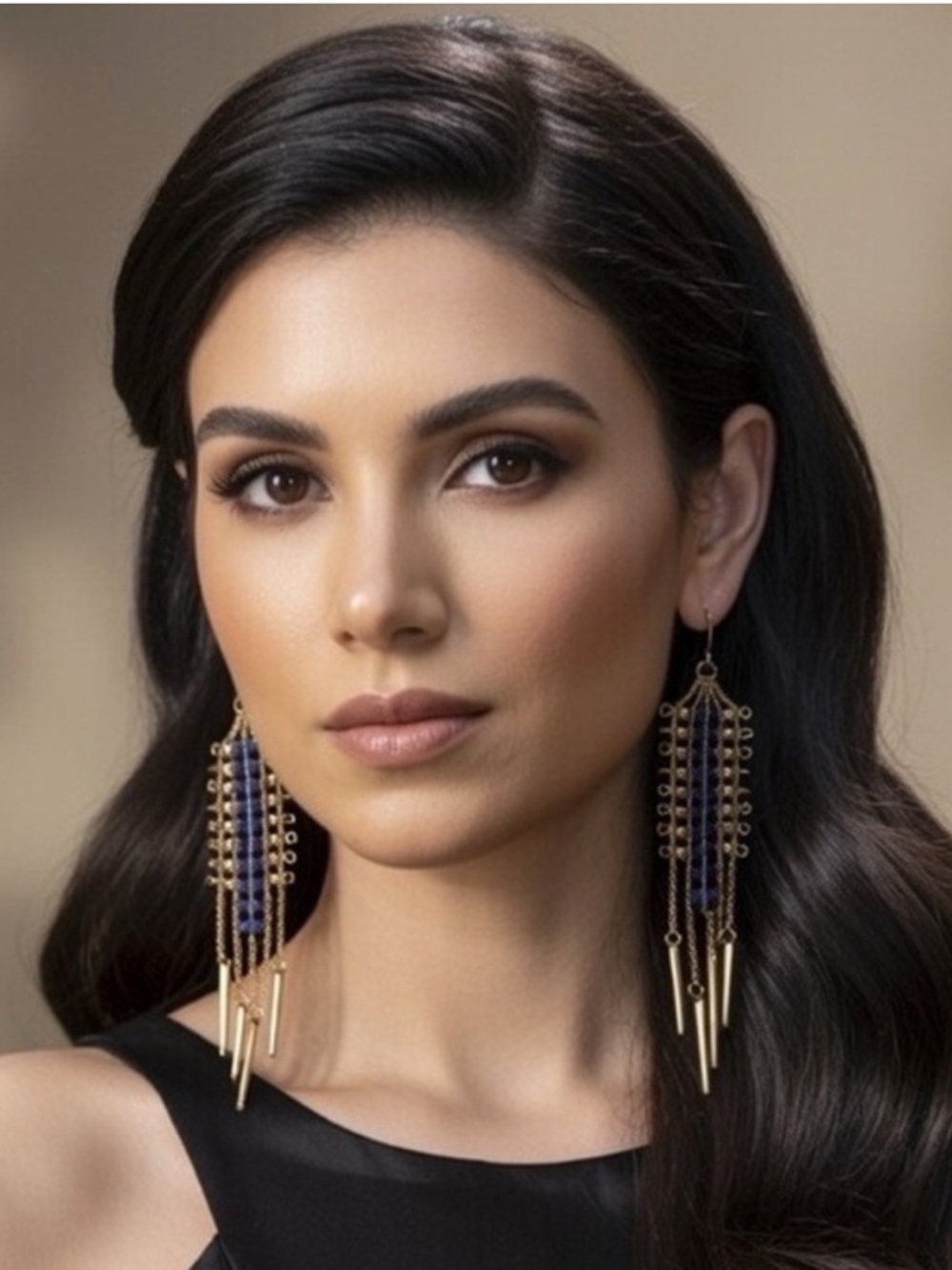 Gold and Blue Beaded Fringe Drop Earrings